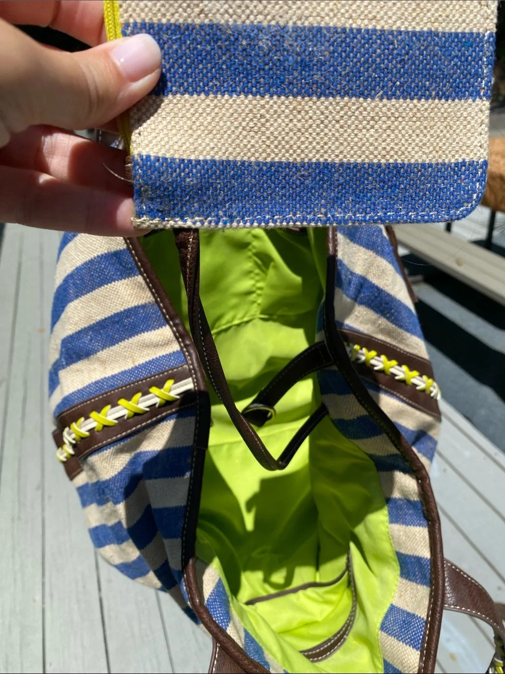 Steven By Steve Madden Blue and Cream Striped Tote with Brown Trim